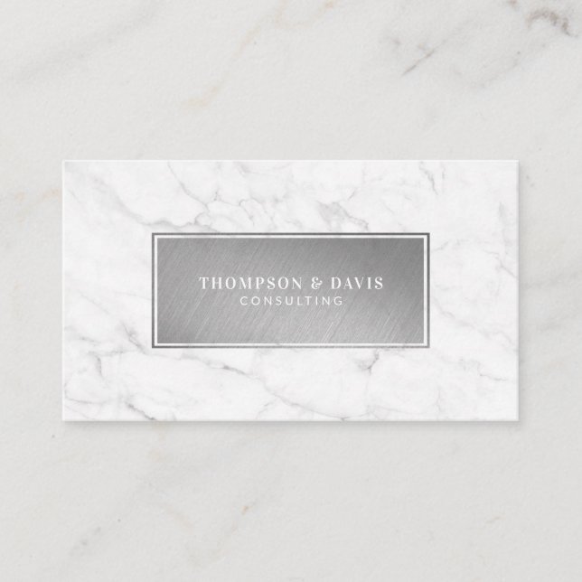 Minimal & Modern White Marble Silver Nameplate Business Card (Front)