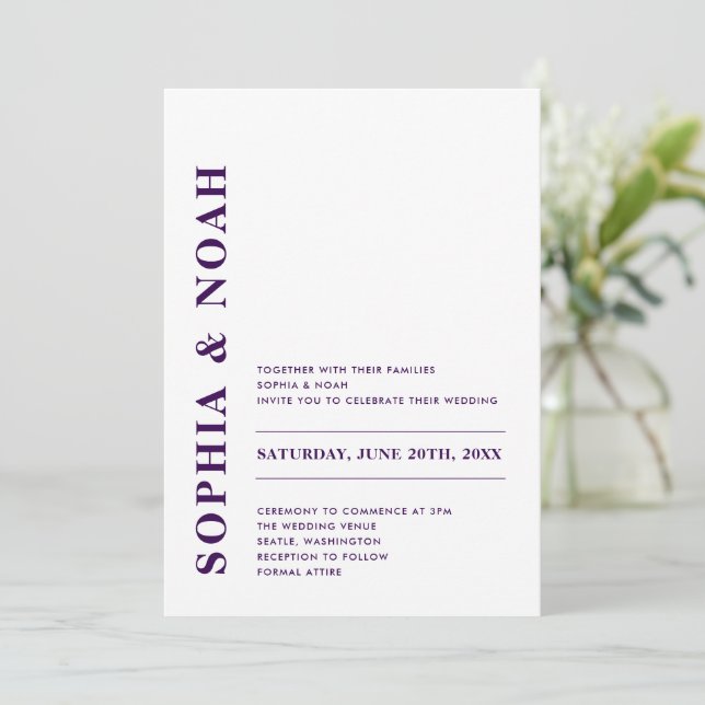 Minimal Modern White & Purple Elegant Wedding Invitation (Standing Front)