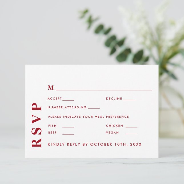 Minimal Modern White & Red Wedding Elegant RSVP Card (Standing Front)