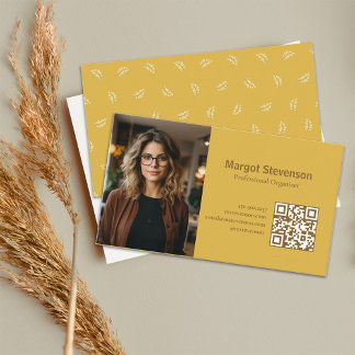 Minimal Modern Yellow Botanical Simple QR Code Business Card