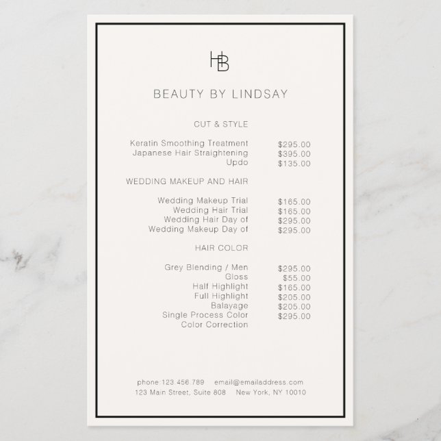 Minimal Monogram Beige Salon QR Code Price List Flyer (Front)