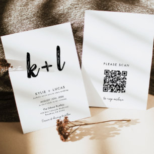 Minimal Monogram Black and White Qr Code Wedding  Invitation