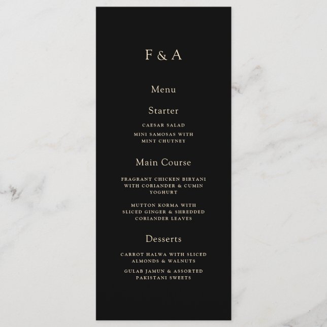 Minimal Monogram Black Muslim Wedding Table Dinner Menu (Front)