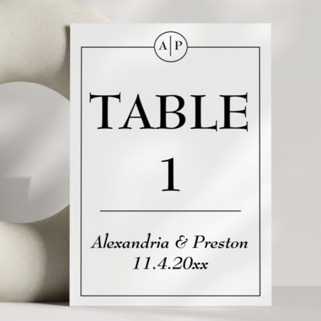 Minimal Monogram Black & White Table Numbers (This classic black and white monogram initial table number is a compliment to your wedding decor)