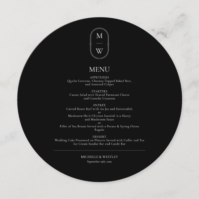 Minimal Monogram Black & White Wedding Menu (Front)