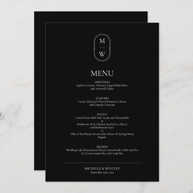 Minimal Monogram Black & White Wedding Menu (Front/Back)