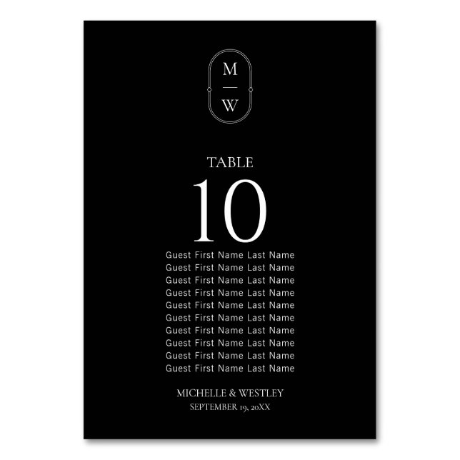 Minimal Monogram Black White Wedding Seating Chart Table Number (Front)
