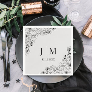 minimal monogram botanical black grey wedding napkin