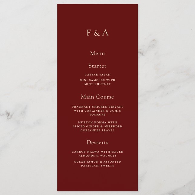 Minimal Monogram Burgundy Muslim Wedding Table Menu (Front)