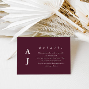 Minimal Monogram Burgundy Wedding Guest Detail Enclosure Card