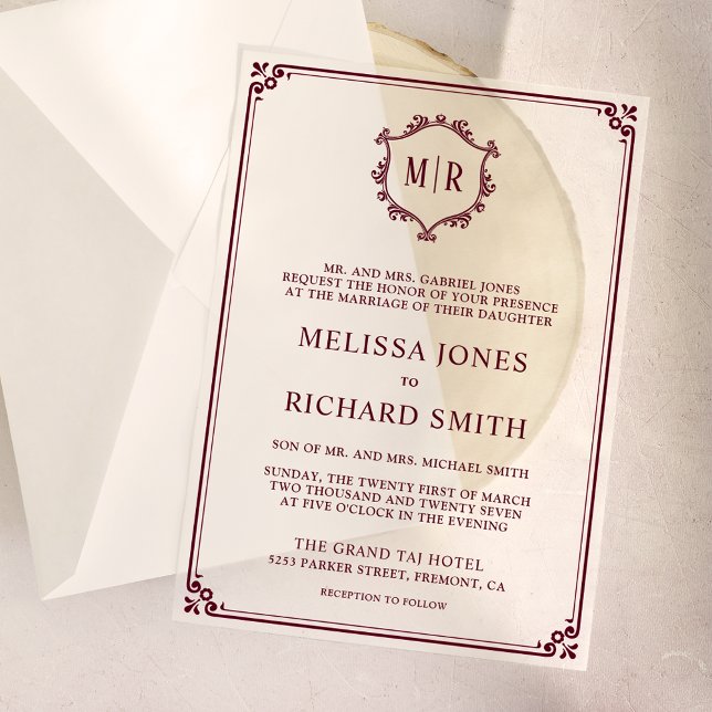 Minimal Monogram Crest Frame Burgundy Wedding Vellum Invitations (Creator Uploaded)