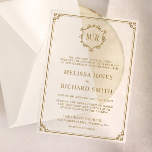 Minimal Monogram Crest Frame Gold Wedding Vellum Invitations