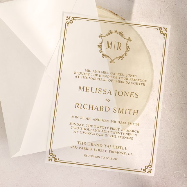 Minimal Monogram Crest Frame Gold Wedding Vellum Invitations (Creator Uploaded)