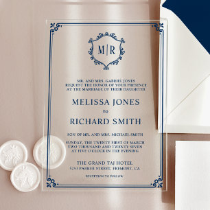 Minimal Monogram Crest Frame Navy Blue Wedding Acrylic Invitations