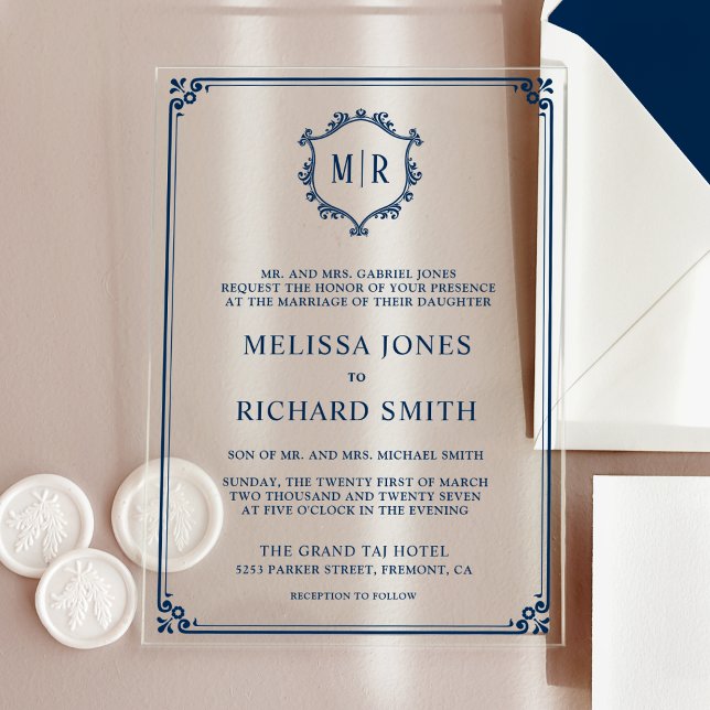 Minimal Monogram Crest Frame Navy Blue Wedding Acrylic Invitations (Creator Uploaded)