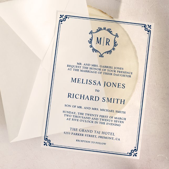 Minimal Monogram Crest Frame Navy Blue Wedding Vellum Invitations (Creator Uploaded)