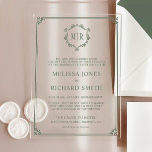 Minimal Monogram Crest Frame Sage Green Wedding Acrylic Invitations