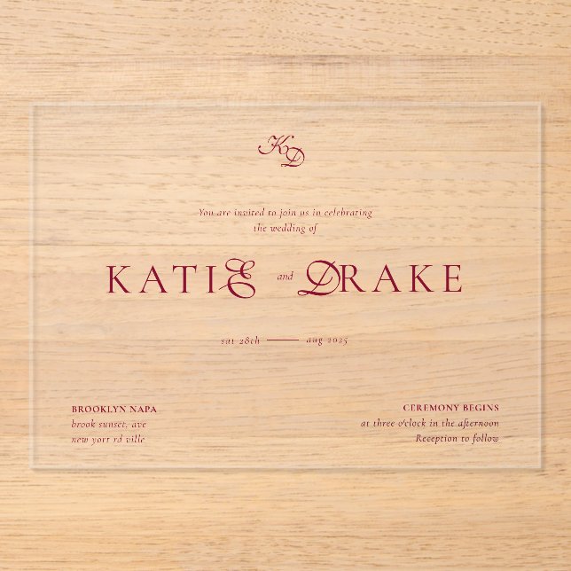 Minimal Monogram Deep Burgundy Script Wedding Acrylic Invitations (Front)