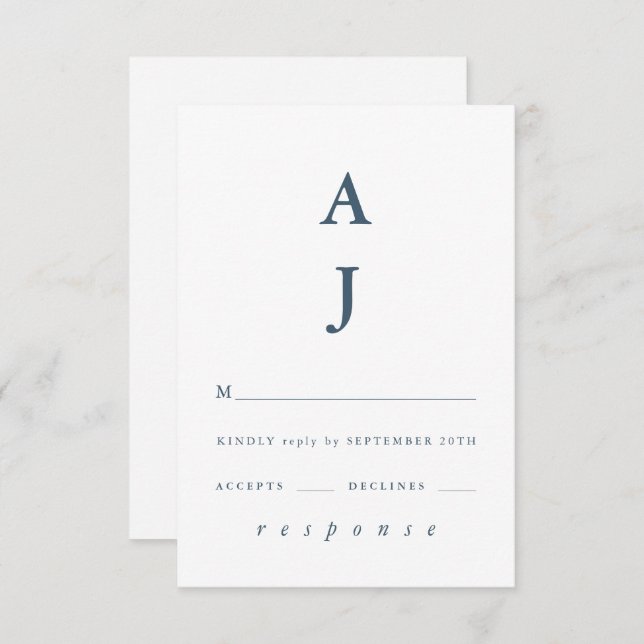 Minimal Monogram Dusty Blue Wedding RSVP Card (Front/Back)