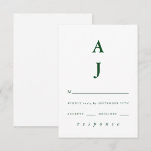 Minimal Monogram Emerald Green Wedding RSVP Card