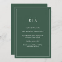 Minimal monogram forest green wedding invitation