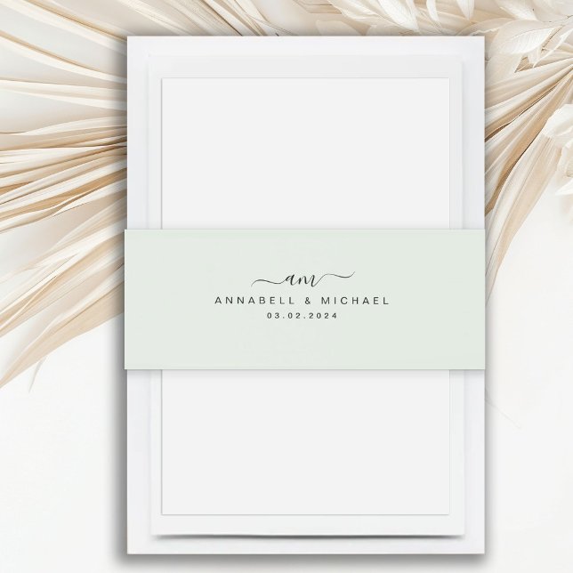 Minimal, Monogram, Handwriting Font, Wedding Invitation Belly Band (Minimal, monogram, handwriting font, light-green, wedding invitation belly band. Personalized with y)