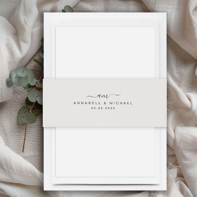 Minimal, Monogram, Handwriting Font, Wedding Invitation Belly Band (Minimal, monogram, handwriting font, grey, wedding invitation belly band with your name & date.)