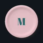 Minimal Monogram Inital Letter Green Pink Paper Plate<br><div class="desc">Preppy,  simple,  minimalist monogram-themed party supplies in deep blueish green and pastel pink colours.</div>