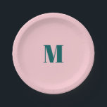 Minimal Monogram Inital Letter Green Pink Paper Plate<br><div class="desc">Preppy,  simple,  minimalist monogram-themed party supplies in deep blueish green and pastel pink colours.</div>