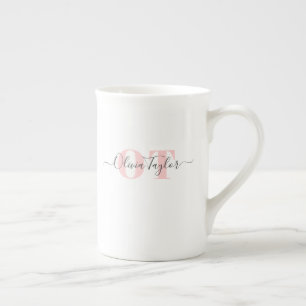 Minimal Monogram Modern Script Blush Personalised Bone China Mug