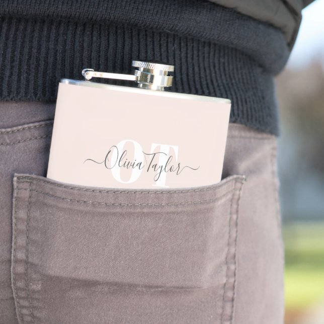Minimal Monogram Modern Script Blush Personalised Hip Flask (In Situ)
