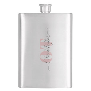 Minimal Monogram Modern Script Pink Personalized Hip Flask