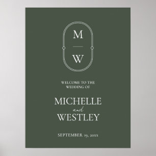Minimal Monogram Moss Green Wedding Welcome Sign
