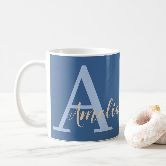 Minimal Monogram Name Blue Coffee Mug (With Donut)
