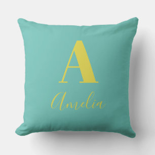 Minimal Monogram Name Teal Yellow Cushion