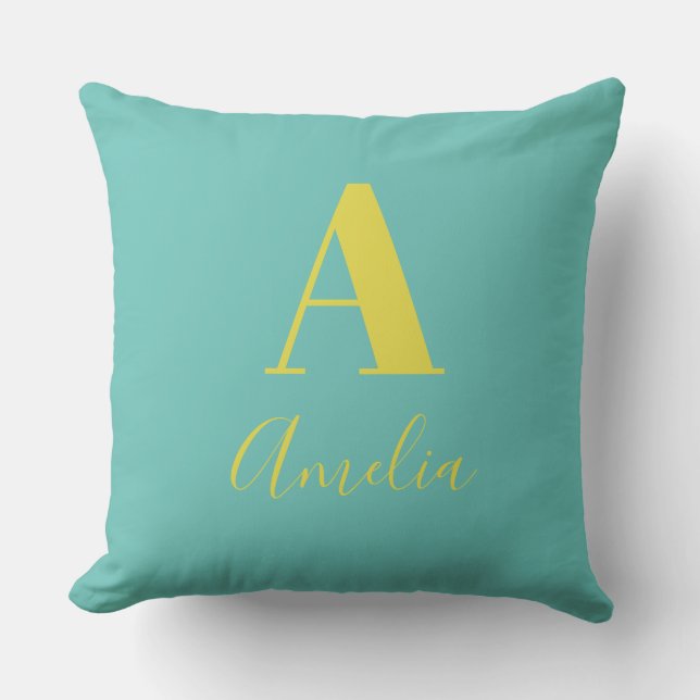 Minimal Monogram Name Teal Yellow Cushion (Front)