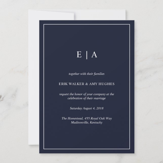 Minimal monogram navy blue wedding invitation (Front)