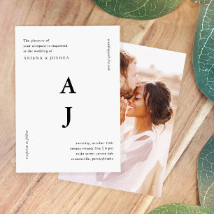 Minimal Monogram Photo Wedding Black and White Invitation