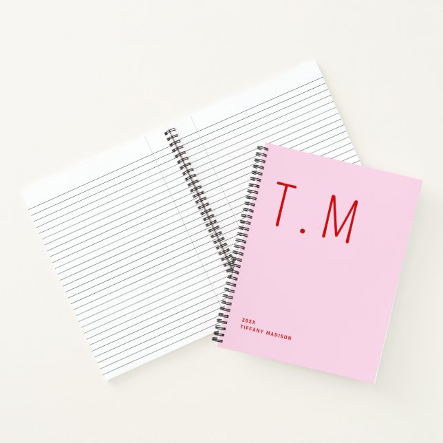 Minimal Monogram Pink and Red Custom Name Year Notebook (Inside)