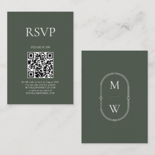 Minimal Monogram QR Code Moss Green Wedding RSVP Enclosure Card