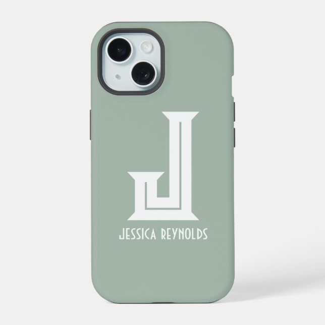 Minimal Monogram Sage Green iPhone 15 Case (Back)