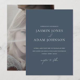Minimal Monogram Slate Blue Photo Wedding Invitation