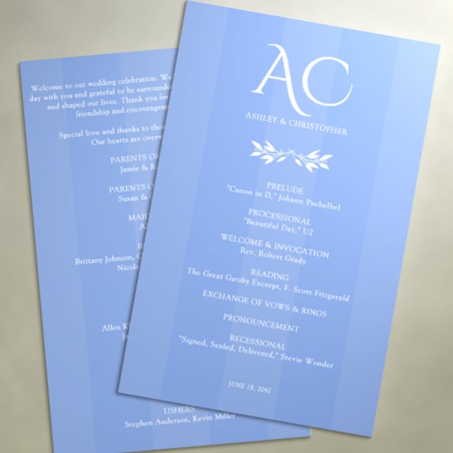 Minimal Monogram Striped Cornflower Blue Wedding Programme (Creator Uploaded)