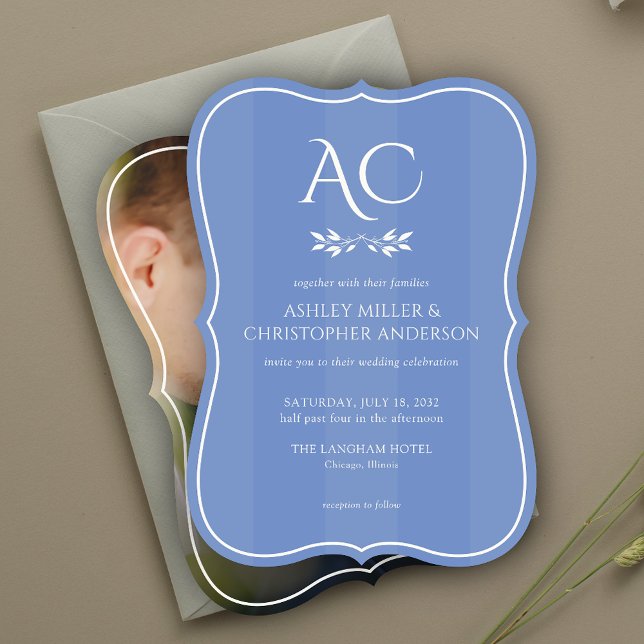Minimal Monogram Striped Cornflower Photo Wedding Invitation (Creator Uploaded)