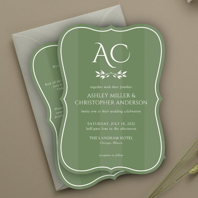 Minimal Monogram Striped Green All-in-One Wedding Invitation (Creator Uploaded)