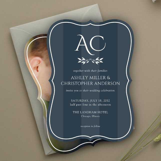 Minimal Monogram Striped Indigo Blue Photo Wedding Invitation (Creator Uploaded)