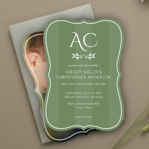 Minimal Monogram Striped Muted Green Photo Wedding Invitation