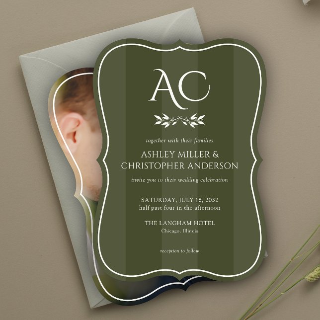Minimal Monogram Striped Olive Green Photo Wedding Invitation (Creator Uploaded)