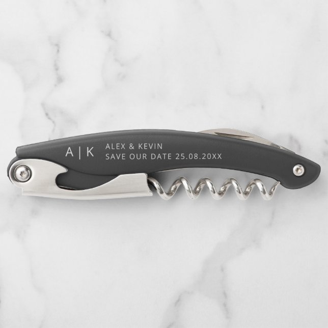 Minimal Monogram Unique Save the Date Invitation Corkscrew (Front)