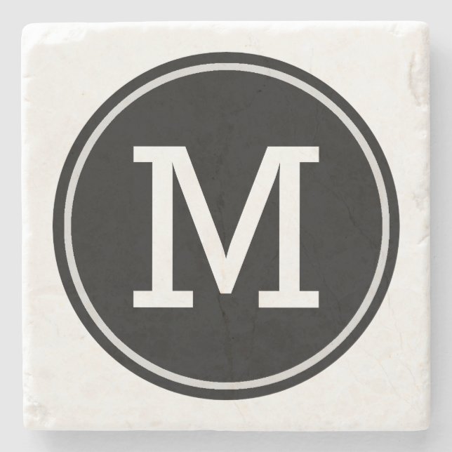 Minimal Monogrammed Initial on Black Circle Stone Coaster (Front)